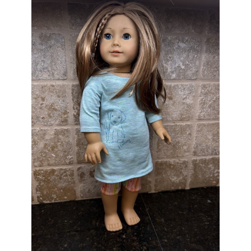American Girl Doll Pierced Ears 18" Doll Caramel Brown Hair Blue Eyes Puppy PJ's